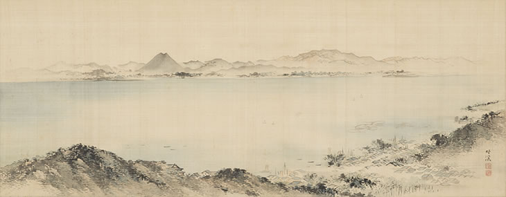 山の上から眺めた琵琶湖の景色を描いた絵画の写真
