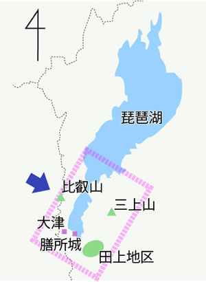 比叡山・大津・膳所城・田上地区・三上山を囲んだ四角が書かれた琵琶湖周辺の地図