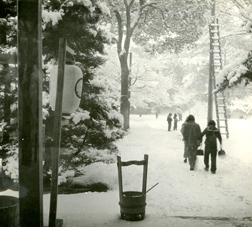 雪に覆われた寺院の境内の写真