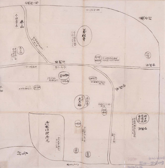 古い街道や寺などの位置が記された絵図
