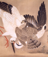 鶴を足でおさえる鷹を描いた絵