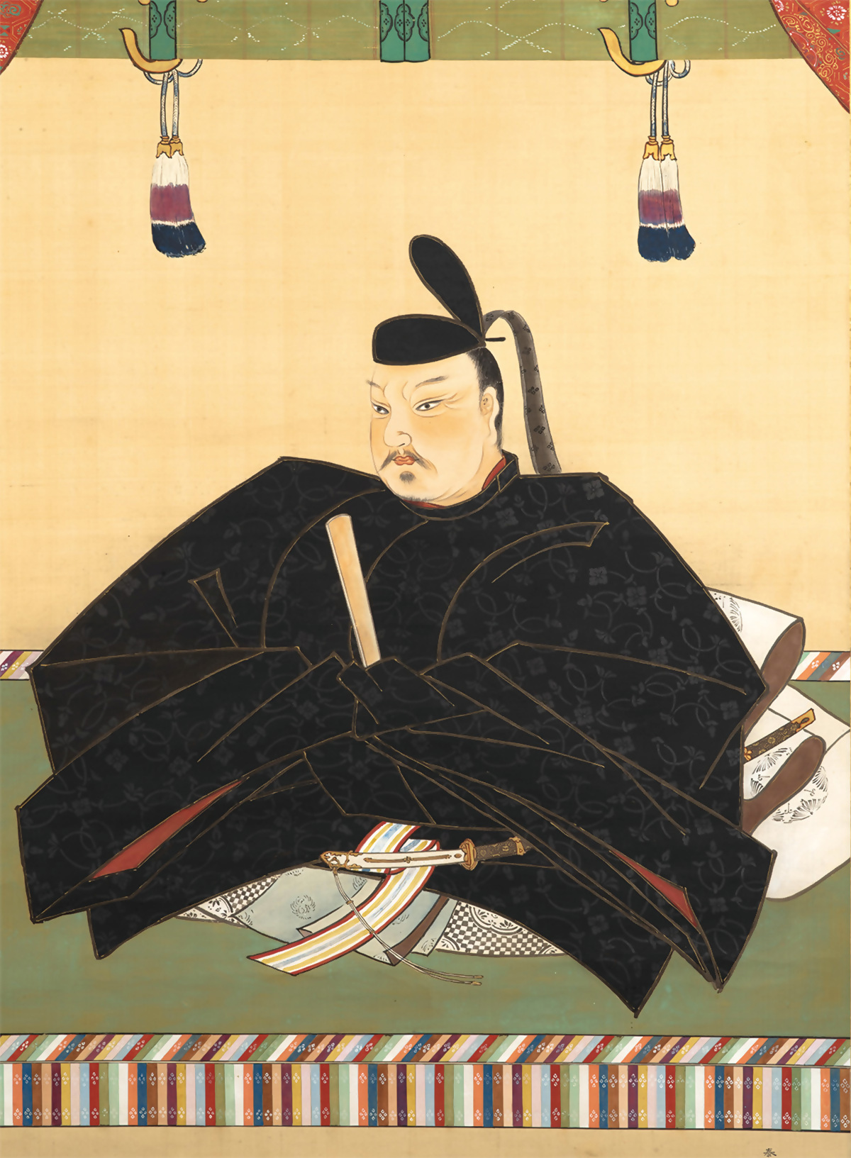 黒い貴族の衣装を着た豊臣秀長の肖像画の画像