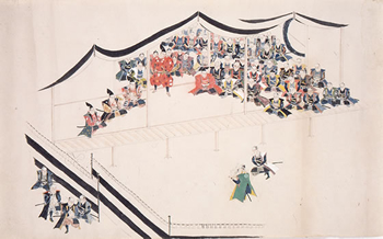 長州側から提出された家老たちの首を幕府軍の幹部たちが確かめている様子を描いた絵