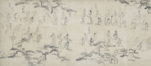 「青海波（せいがいは）」という舞を舞う人と、楽器を持つ人の絵