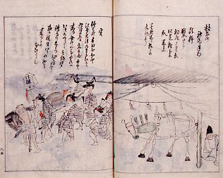 右ページに杵やお椀などの日用品で作られた神馬、左ページに片肌を脱いだ女性たちが一頭の馬をひきだしている様子を描いた本。