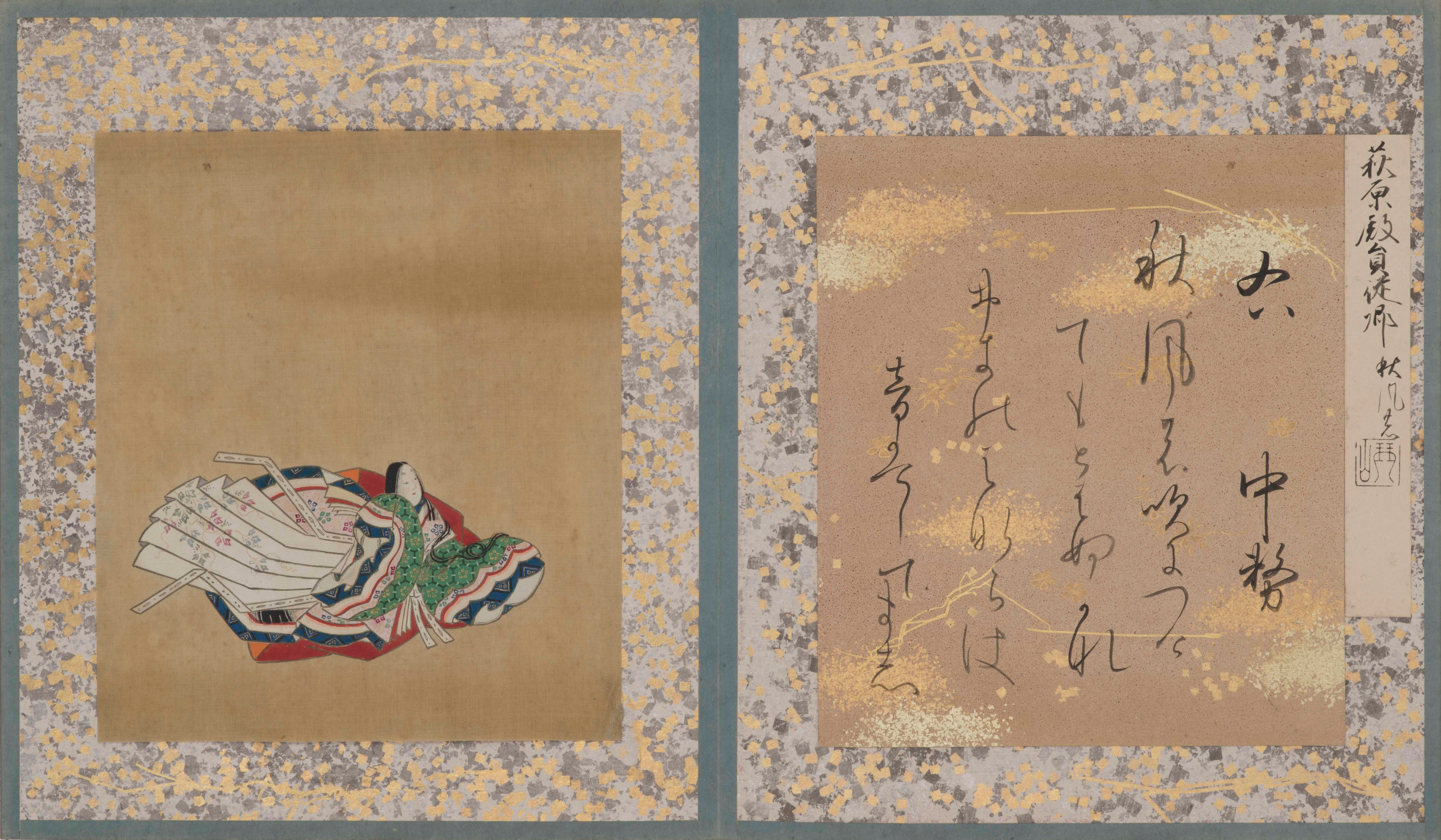 左に貴族女性の姿を描いた絵、右に和歌を記した色紙を貼り込んだアルバム