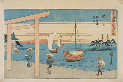 鳥居と船、旅人たちが描かれた絵