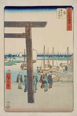 鳥居と船、複数の男女が描かれた絵