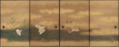 芦の生えた水際に5羽の白鷺が佇む。