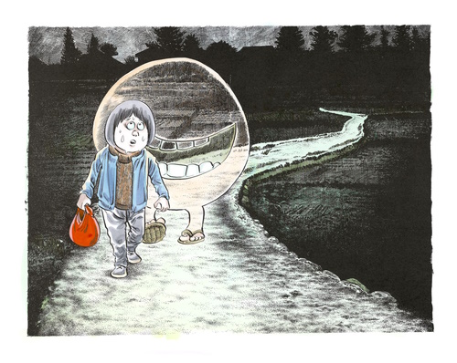 道を歩く男性とその背後で笑っている透明で丸い妖怪