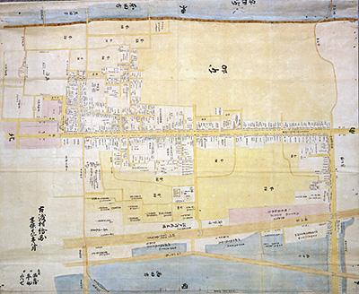 >古渡村絵図（絵図の向き：左側が北、右側が南、上が東、下が西）