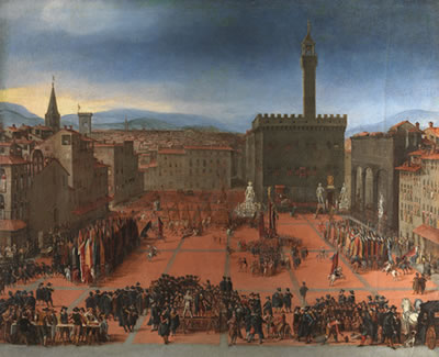 フィレンツェのシニョーリア広場にて守護聖人ヨハネを祝う群衆たち。