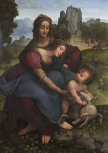 聖アンナのひざに腰かけた聖母マリアが我が子キリストを抱き上げようとする。