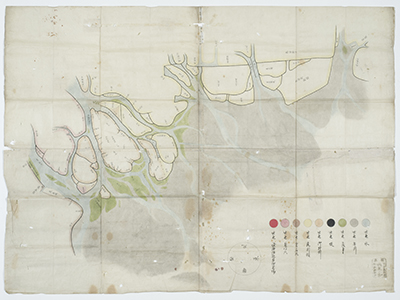 伊勢湾に木曽三川や庄内川などが流れ込む地域を描いた江戸時代の絵図