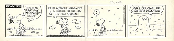 1972年に描かれた漫画ピーナッツの原画。春かと思って浮かれたスヌーピー、突然の雪に埋もれる。