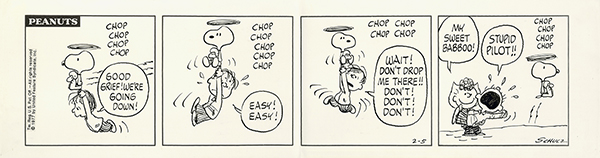1977年に描かれた漫画ピーナッツの原画。スヌーピーヘリコプターに運ばれるライナス、サリーに不時着させられる。