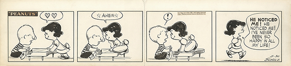 1953年に描かれた漫画ピーナッツの原画。シュローダー、ついにルーシーの存在に気付く。ルーシーは最高に幸せ。