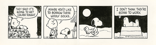 1981年に描かれた漫画ピーナッツの原画。チャーリー、冬の夜、スヌーピーに毛糸の靴下を貸すが、スヌーピーは効果を疑問視。