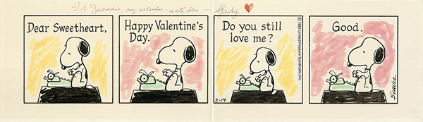 1985年に描かれた漫画ピーナッツの原画。タイプライターでバレンタインメッセージを作り、出来栄えをよろこぶスヌーピー。