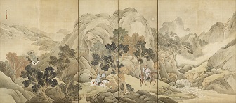 中国風の人物が粗末な家を訪問する場面と馬に乗った人物を追いかけて呼び止める場面を描く。