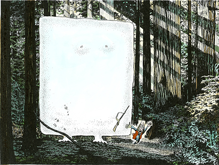 森の中に現れた白くて四角い大きな妖怪と驚いて逃げる猟師