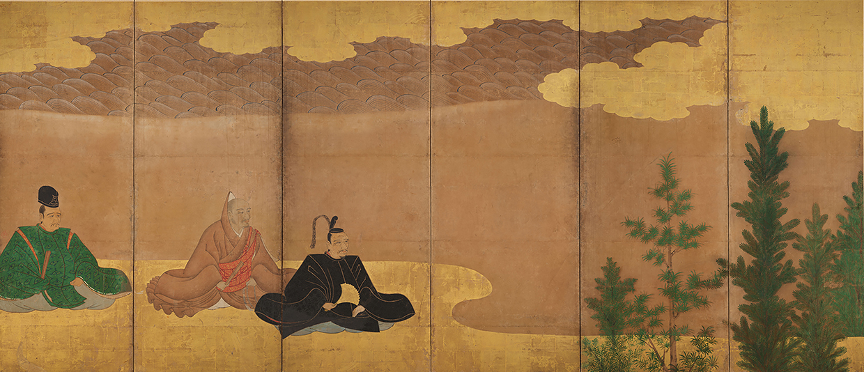 3人の人物が座って花見をしている光景を描いた屏風