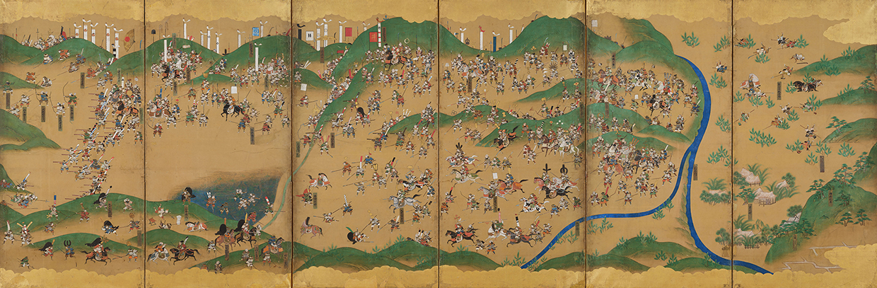 大勢の武将たちが平原で戦っている様子を描いた屏風