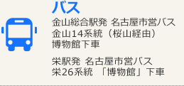 バス　金山総合駅発　名古屋市営バス　金山14系統（桜山経由）博物館下車　栄駅発　名古屋市営バス　栄26系統　「博物館」下車