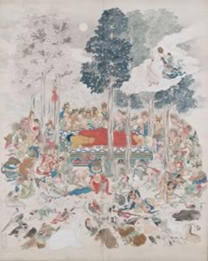 床に横たわる釈迦とその周囲を囲む人々を描いた絵