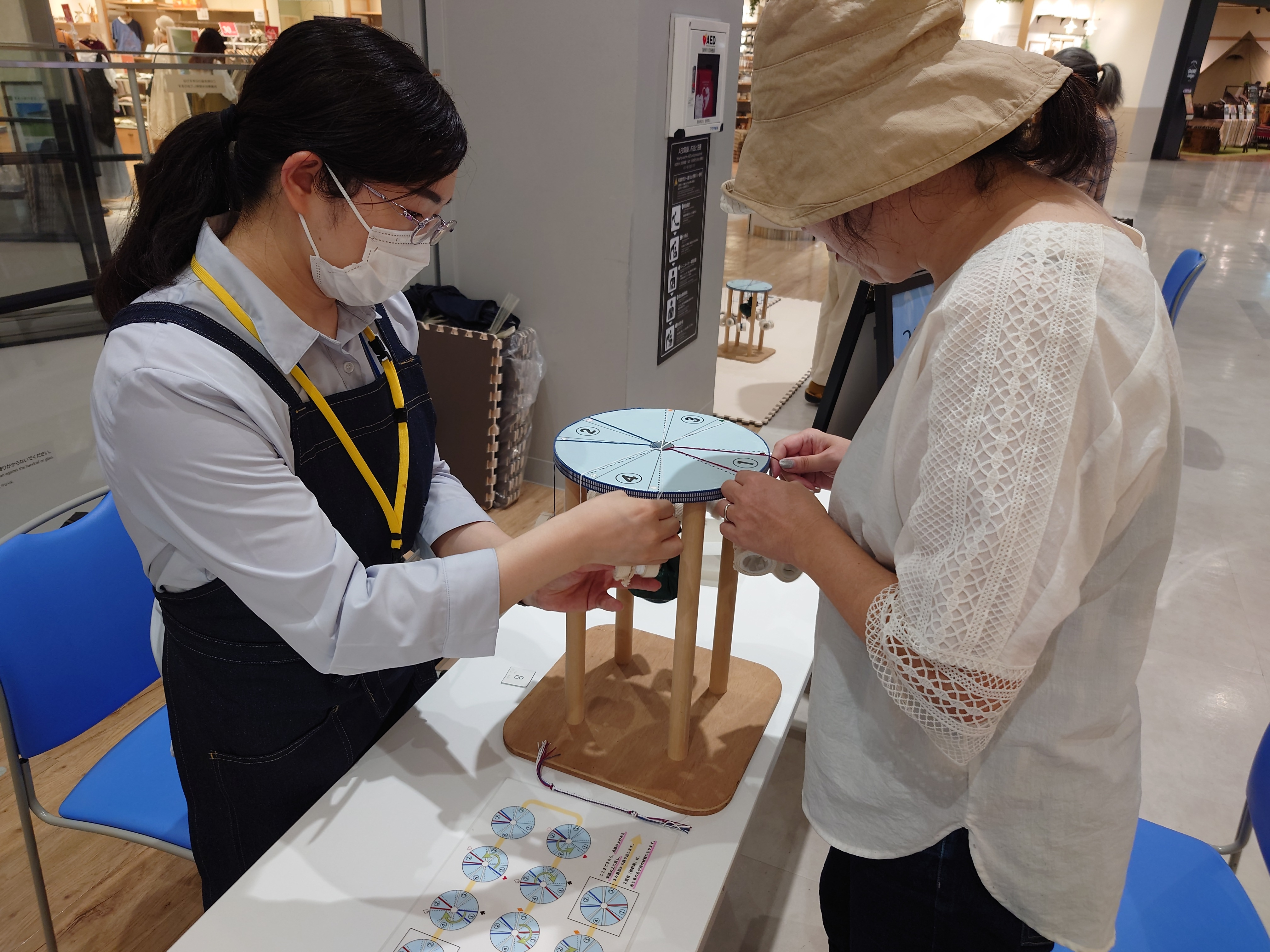 博物館スタッフと一緒に参加者が丸台の上で組玉を動かして紐を組む様子。