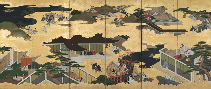 源氏物語のさまざまな場面を描いた屏風