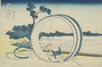 桶職人がまだ底がついていない大きな桶の内側を削っていて、その桶の輪の中に遠く富士山が見える様子を描いた浮世絵。