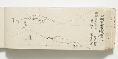 墨で海の周りの山々の図を書いた帳簿を開いてある写真