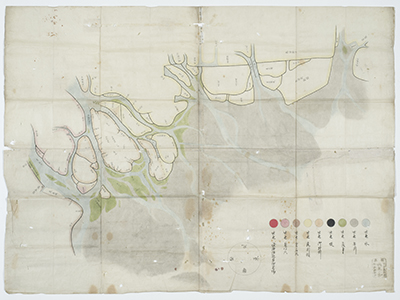 伊勢湾に木曽三川や庄内川などが流れ込む地域を描いた江戸時代の絵図