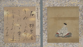 三十六歌仙の姿の絵と、和歌が書かれている色紙が見開きで貼り込まれている