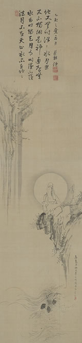 山本梅逸よる滝と観音の絵と貫名菘翁による賛文が描かれている