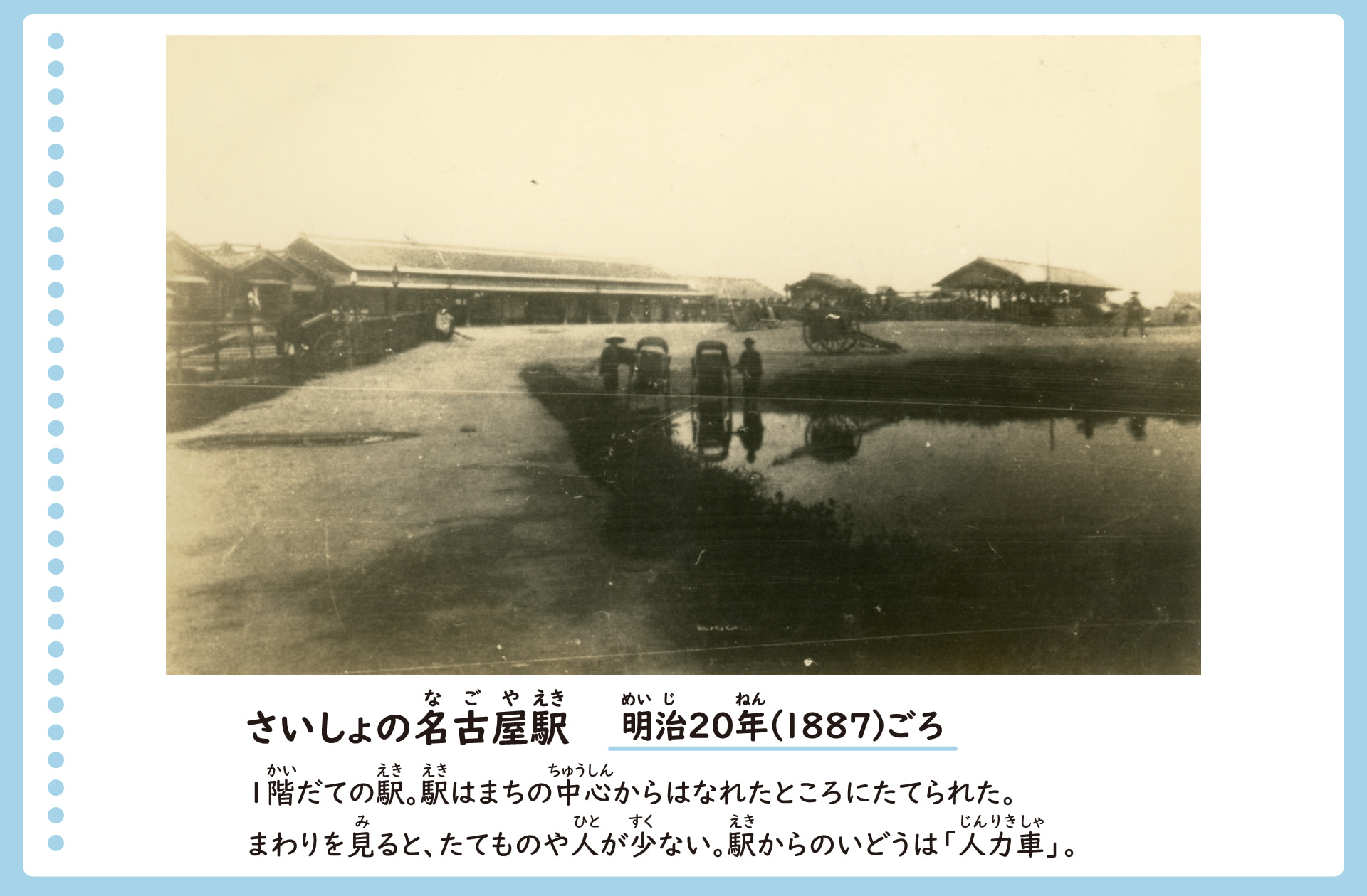 最初の名古屋駅の風景。明治20年ごろ。１階建ての建物の駅で、そのまわりは人も建物も少ない。駅からの移動のために人力車がある。