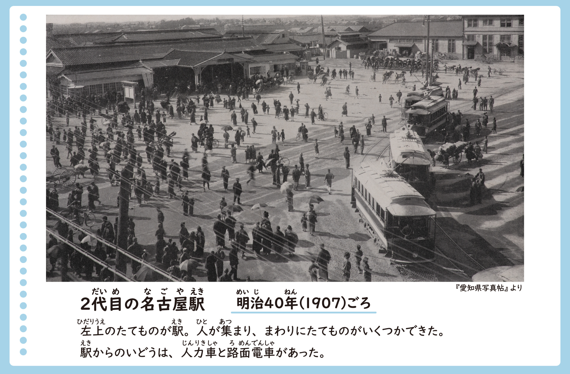 二代目の名古屋駅の風景。明治40年ごろ。1階建ての駅。その周りには建物がいくつか建ち、人も多く集まっている。駅からの移動には路面電車と人力車があった。