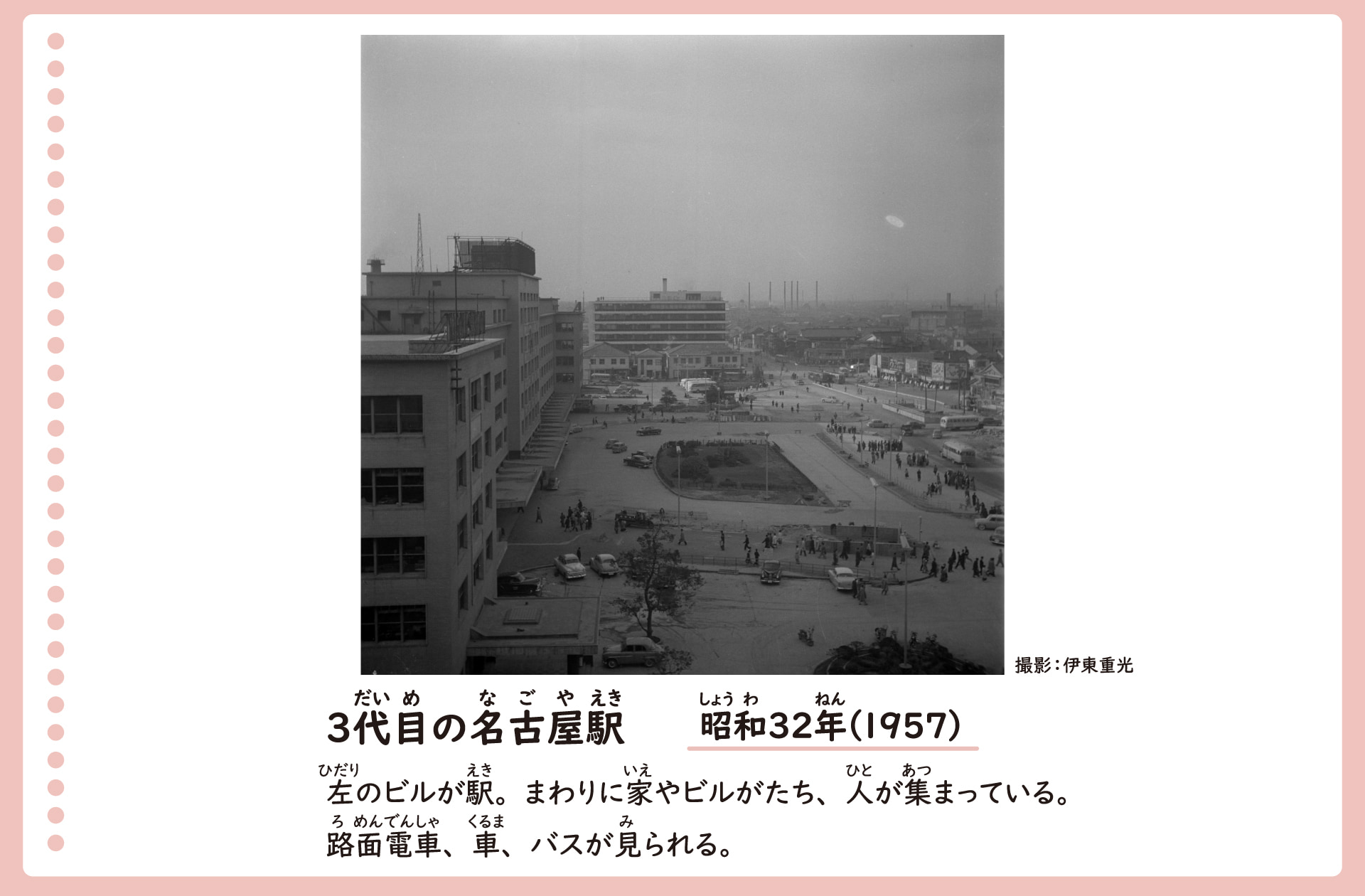 三代目の名古屋駅の風景。昭和32年の様子。駅は6階建てのビル。そのまわりに家やビルが立ち並び、人びとが集まっている。駅からの移動には路面電車や車、バスが見られる。