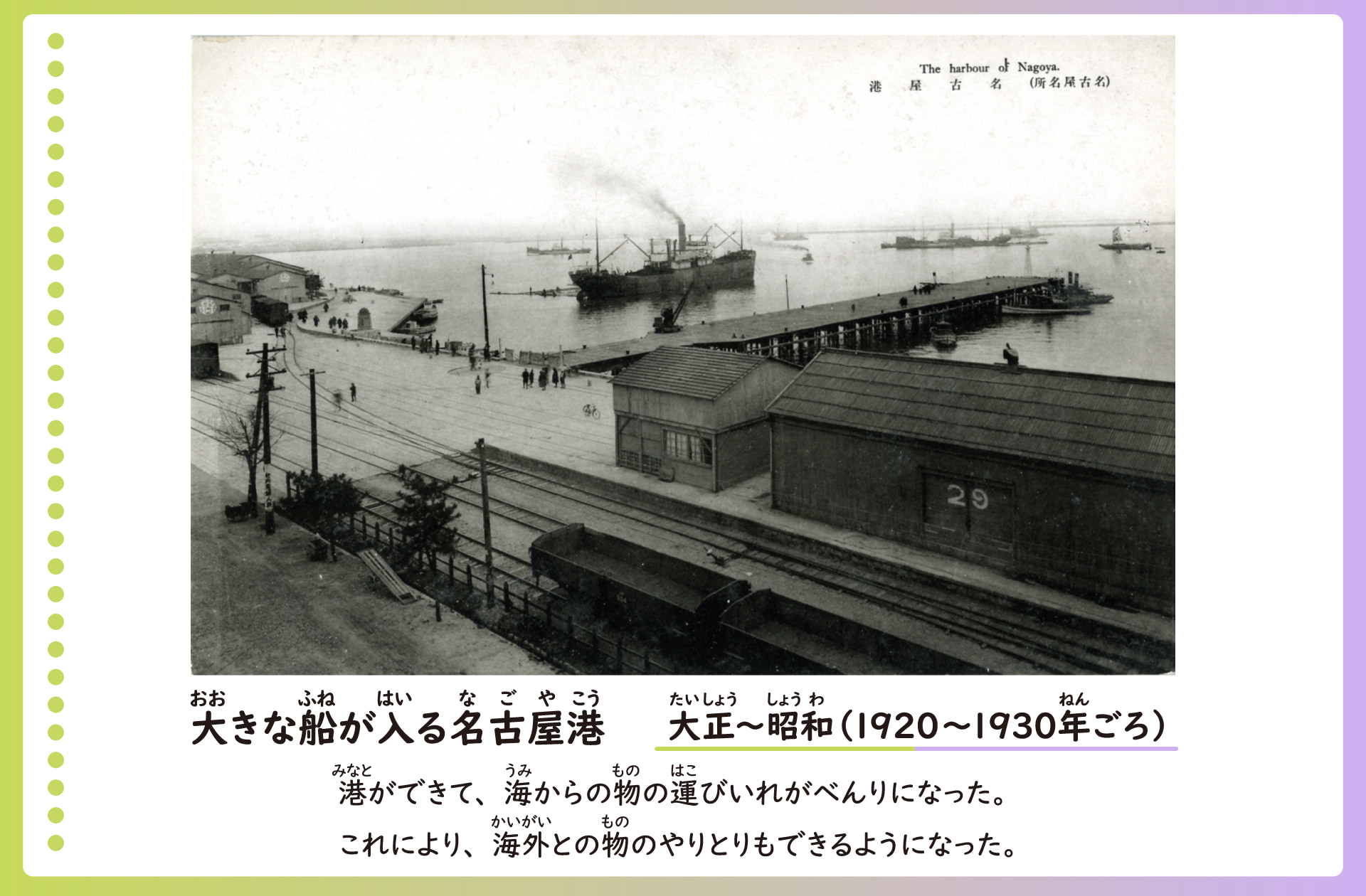 名古屋港に大きな船が入る様子を写した絵葉書。大正から昭和。みなとには鉄の桟橋があり、大きな船が泊まっている。陸には線路があり、貨物列車がとまっている。うみからの物の運び入れが便利になった。
