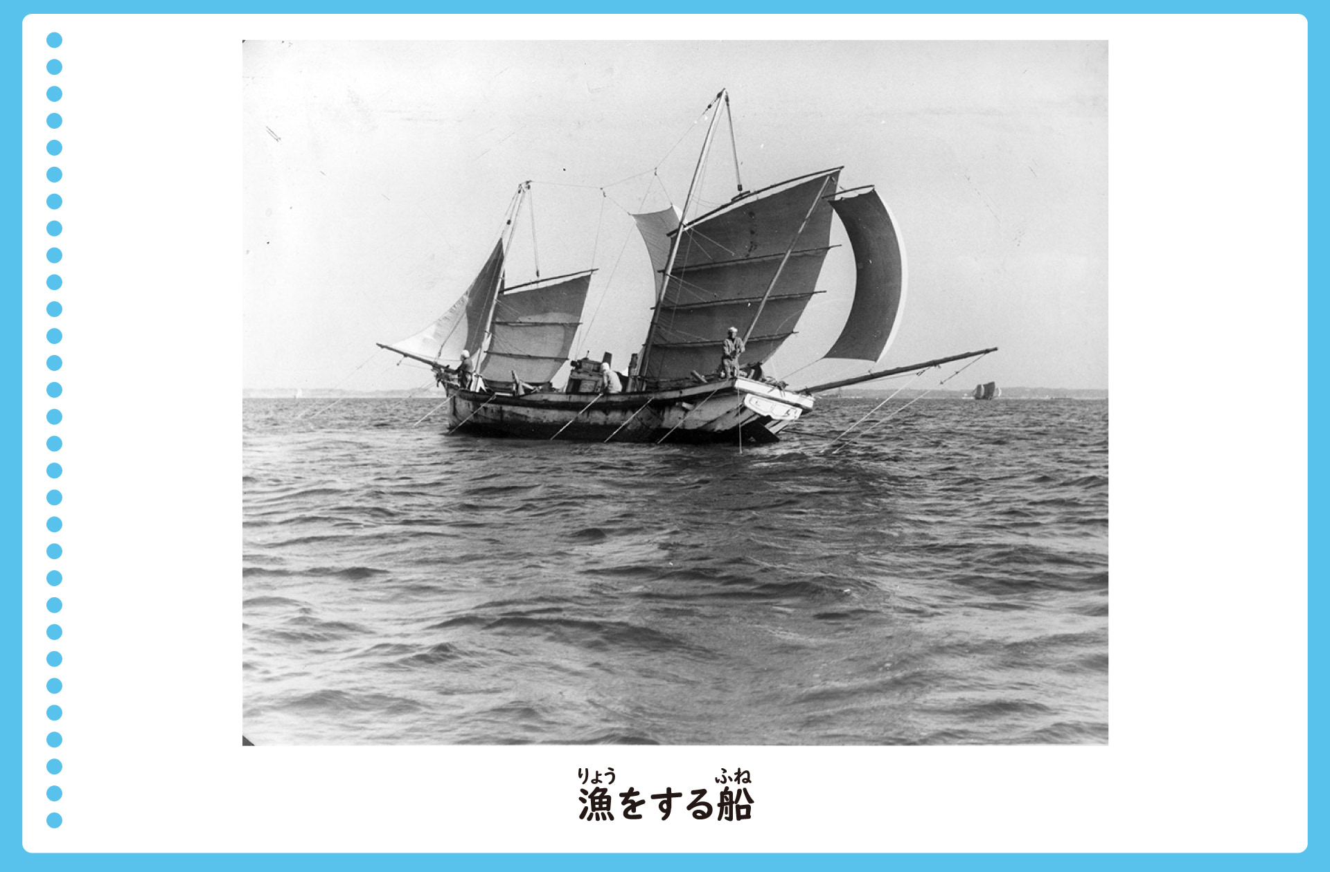 海上で漁をする船の風景。船ですうにんの漁師が魚を獲っている。