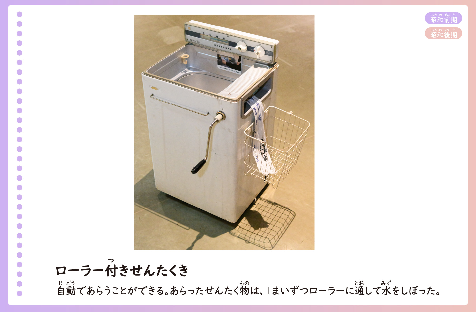 ローラー付き洗濯機の写真。自動で洗濯物を洗うことができる洗濯機。洗濯機にローラーととってがついている。洗った洗濯物をローラーに通し、とってを回して洗濯物の水をしぼった。