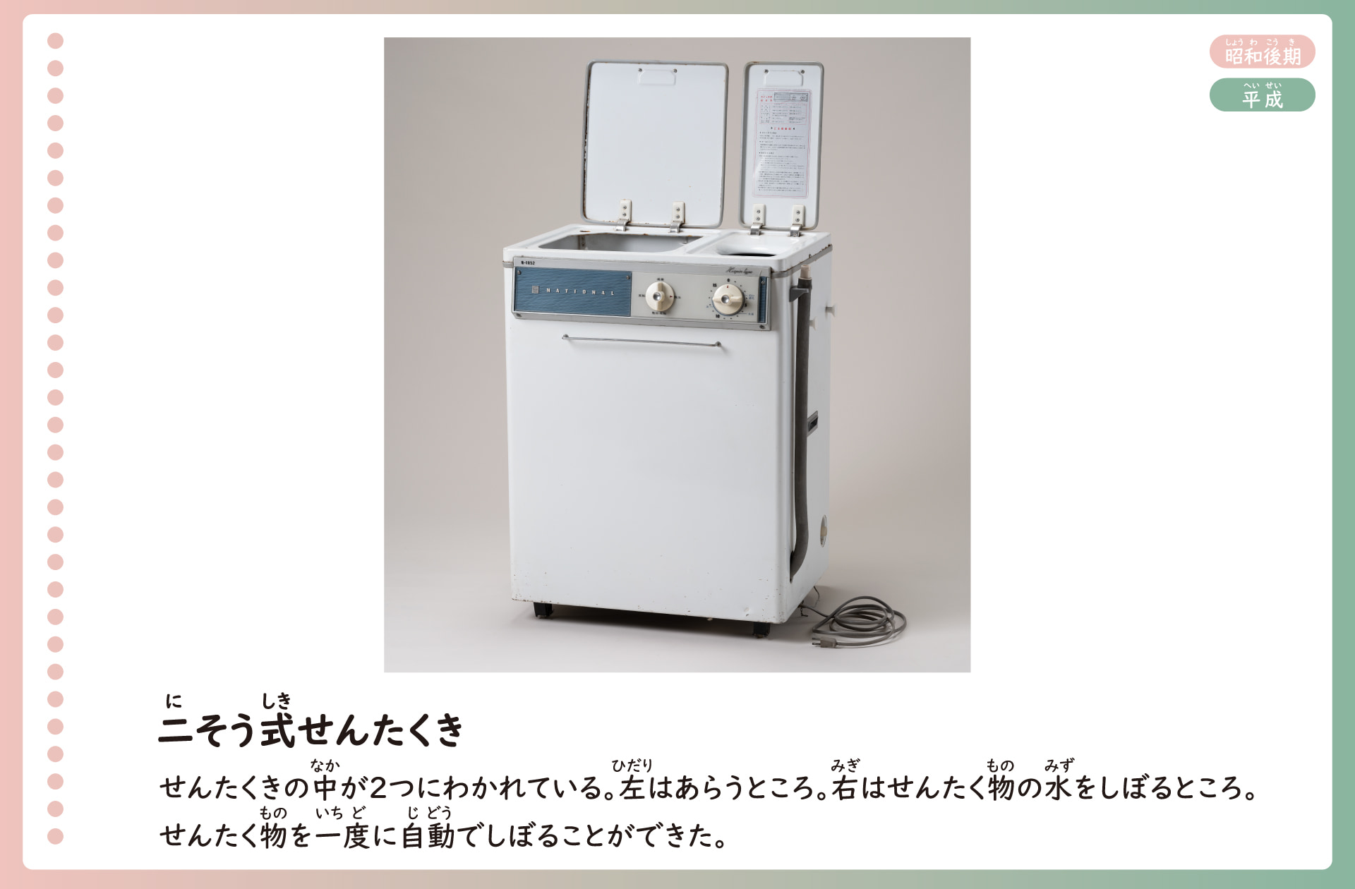 二槽式洗濯機の写真。一つの洗濯機の中がふたつに分かれている。左で洗濯物を洗い、右で洗い終わった洗濯物の水を絞った。洗濯物を一度に全部自動で絞ることができた。