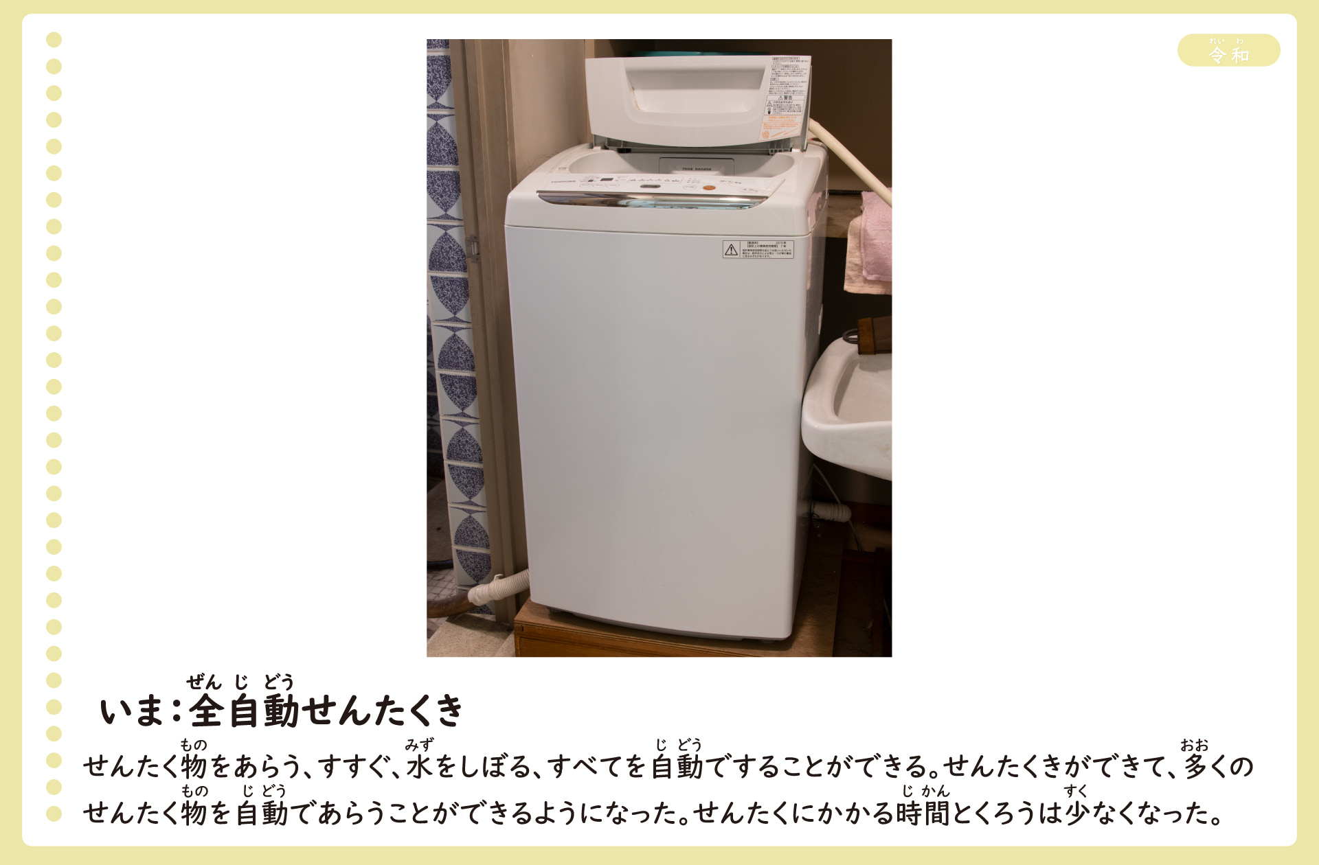 今の全自動洗濯機の写真。洗濯物を洗う、すすぐ、水をしぼる、すべてを一度に一台でできる洗濯機。全自動洗濯機によって、自動で多くの洗濯物を一度に洗うことができるようになった。洗濯にかかる時間と苦労が少なくなった。