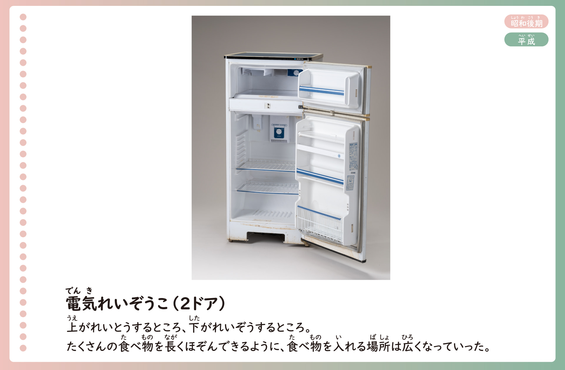 電気冷蔵庫の写真。冷蔵庫は、扉がふたつ付いている。うえは食べ物を冷凍するところ。下は冷蔵するところ。たくさんの食べ物を長く保存できるように、食べ物を入れる場所は広くなっている。