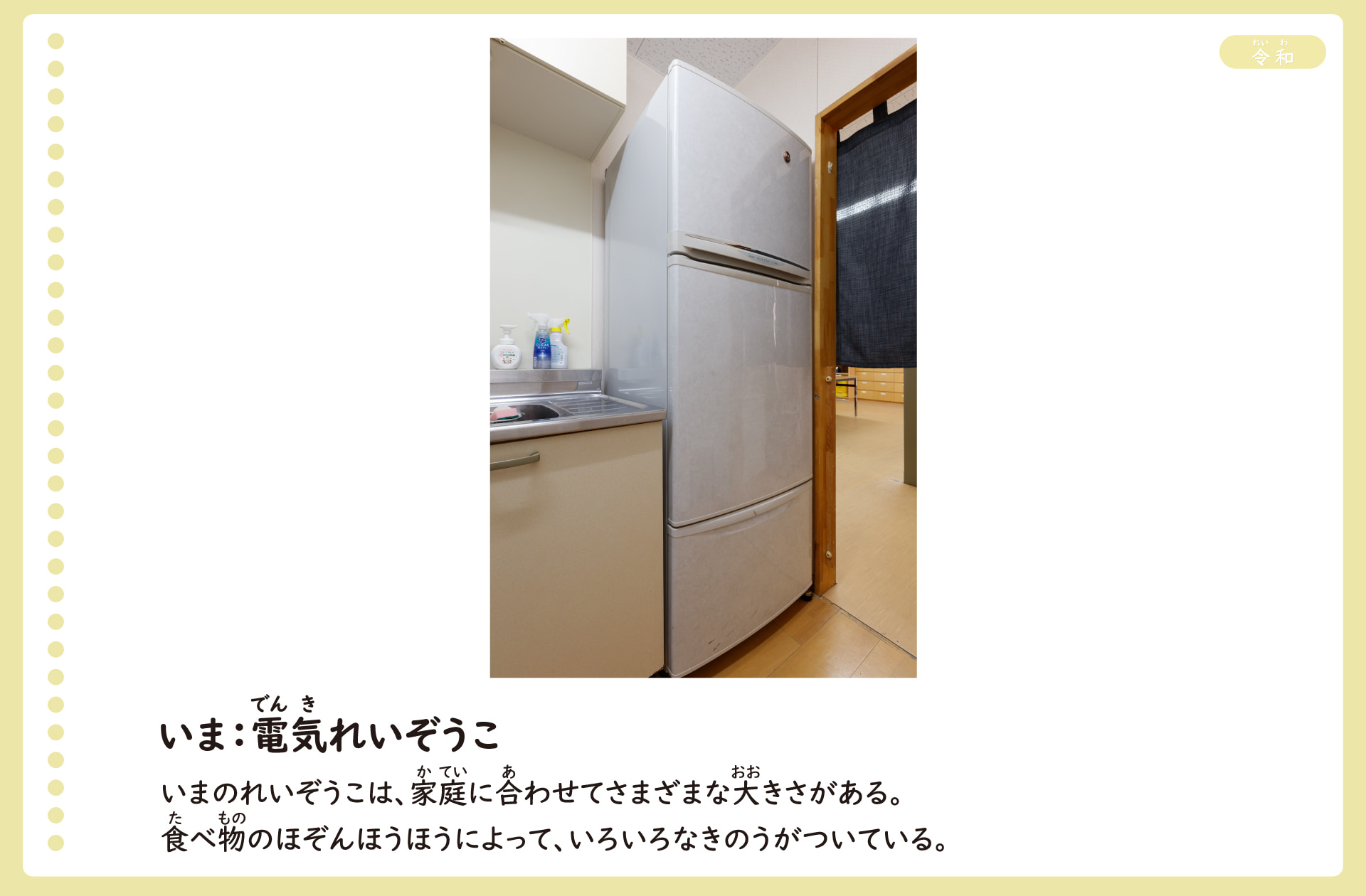 今の電気冷蔵庫。背が高くなり、家庭に合わせて様々な大きさがある。食べ物の保存方法によって、色々な機能がついている。