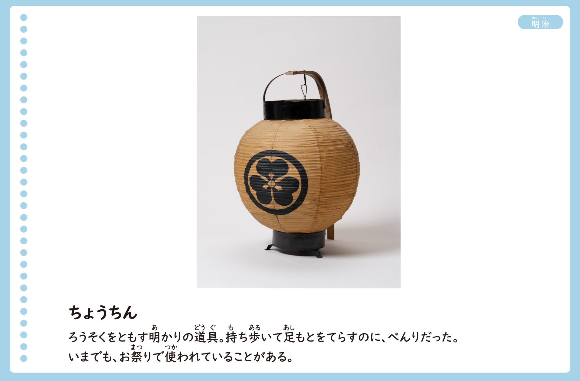 提灯の写真。ちょうちんは、竹と紙で作った、軽くておりたためる袋に、ろうそくを立てて使う、明かりの道具。持ち歩いて足元を照らすのに便利だった。今でもお祭りで使われていることがある。
