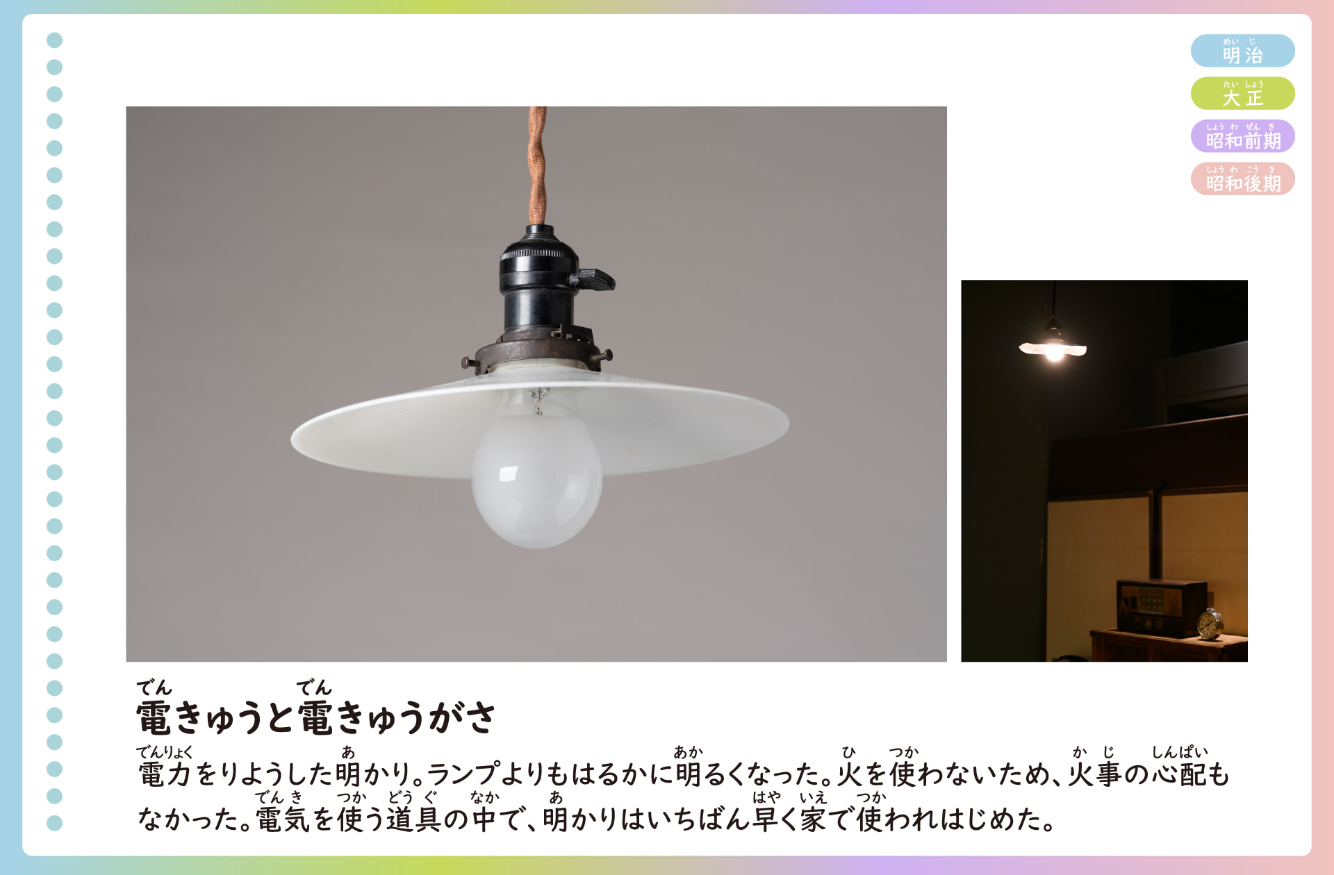 電球と電球笠の写真。電力を利用した明かり。天井からつるされたコードに、電球と電球の光を反射する傘をつけて、部屋を明るく照らす。ランプよりも明るく、火を使わないため、火事の心配もなくなった。電気を使う道具の中で、明かりは一番早く家で使われはじめた。