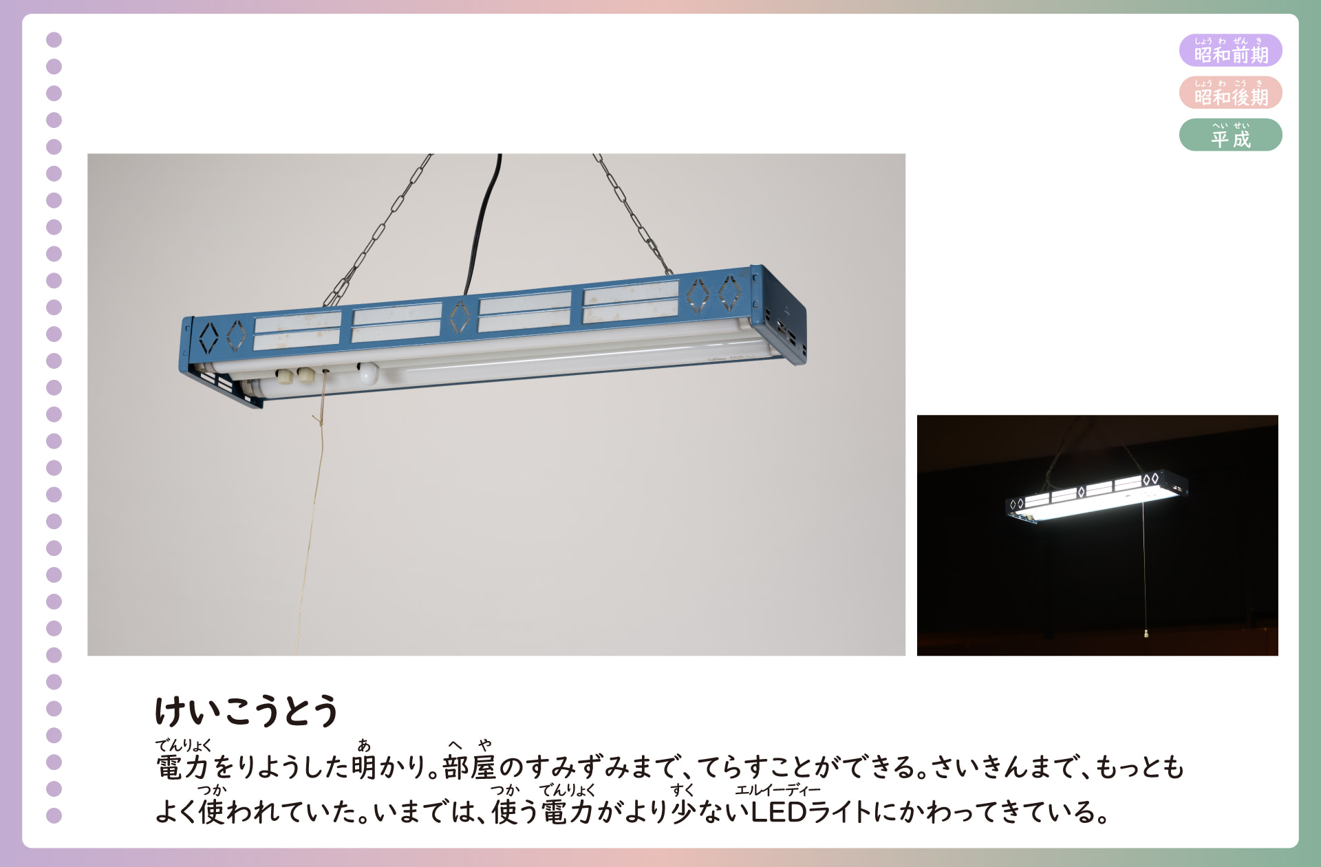 蛍光とうの写真。電力を利用した明かり。小さな丸い電球から、長い棒の形をした蛍光とうに変化したことにより、部屋の隅々まで照らすことができるようになった。最近まで最もよく使われていた。今では使う電力がより少ないLEDライトに変わってきている。