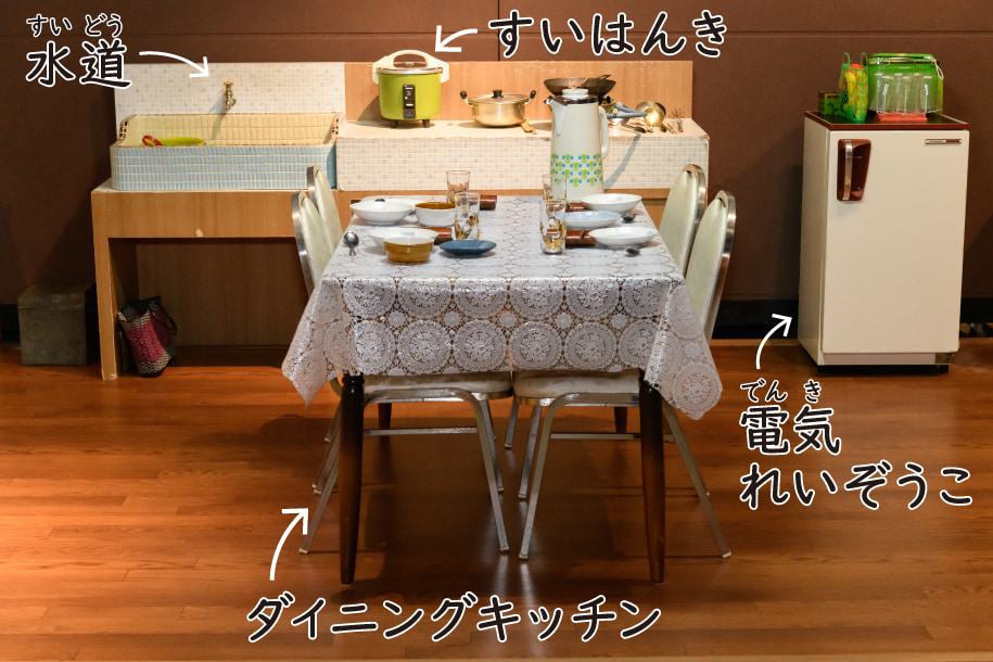 電化したあとの台所を再現した様子。電気冷蔵庫と、水道と、タイルでできた食器を洗う流しと、ご飯をたく電気炊飯器がならんでいる。また、その近くにテーブルとイスの食卓が置かれている。